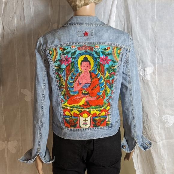 Up cycled French Connection Moto denim jacket, sz S - Picture 5 of 7